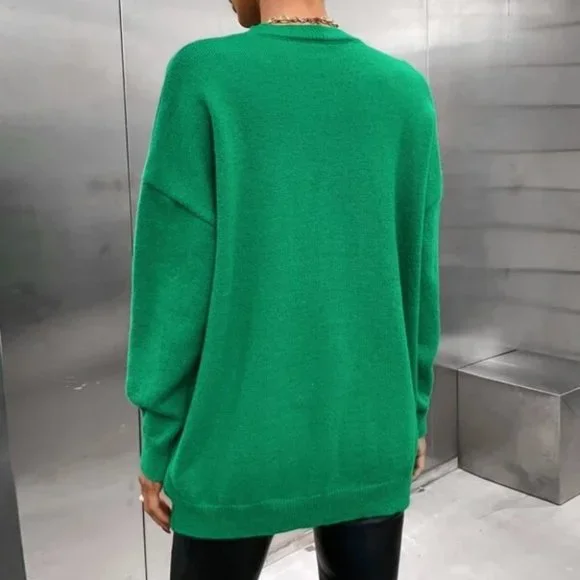 WAY TO GO graphic green pink long sleeve knit sweater top - Picture 6 of 10